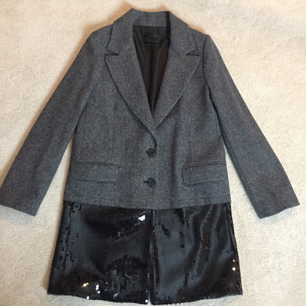 Pinko Gray Wool Blend Blazer Coat with Black Sequin Hem